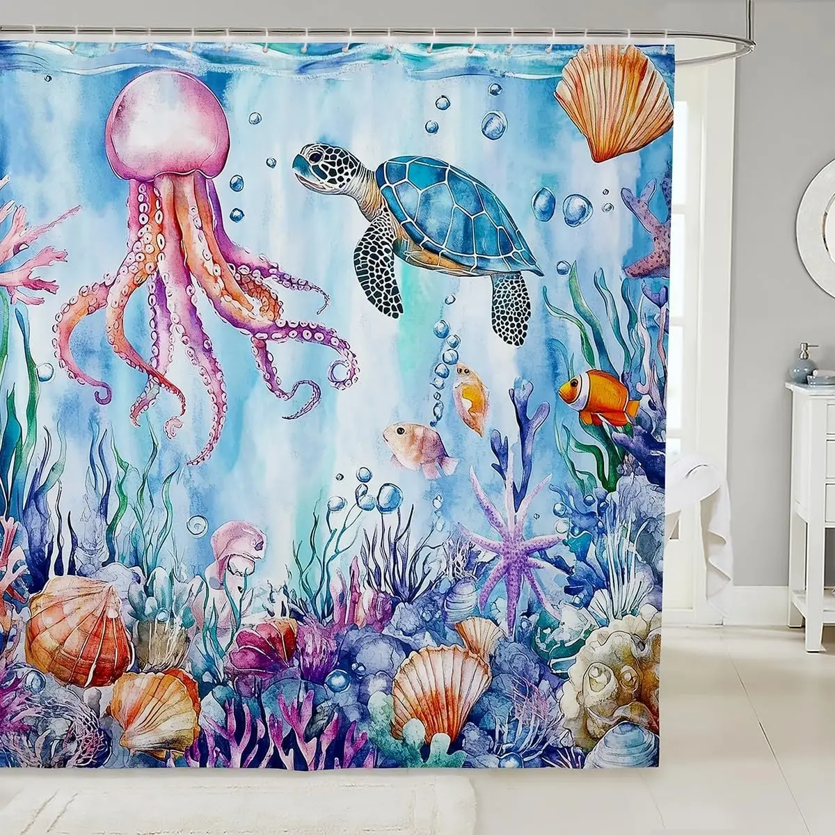 Tropical Ocean Life Aquarium Shower Curtain Coral Reef Sea Scene Jellyfish Turtle Waterproof Bathroom Decor 180x180cm