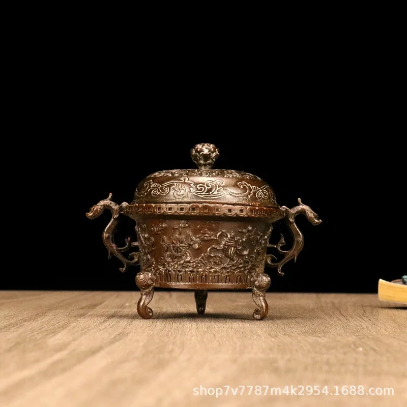 Brass alloy craftwork: Double Dragon Ear Eight Treasures Censer, home decoration ornament