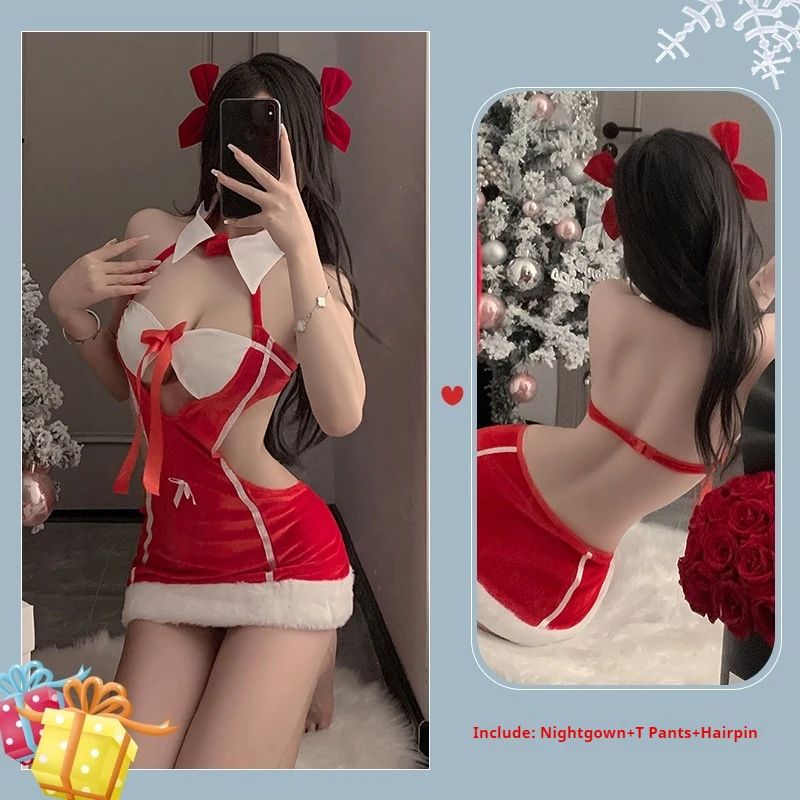 2025 Sexy Christmas Cosplay Lingerie Women Underwear Red Lace Feather Dress Babydoll Nightgown Sleepwear Sexy Role Play Outfit