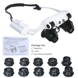 Glasses Magnifier With 2 LED Lights 6 Replaceable Lenses 6X 8X 10X 15X 20X 25X Magnifying Glass Illuminated Magnifier Loupe