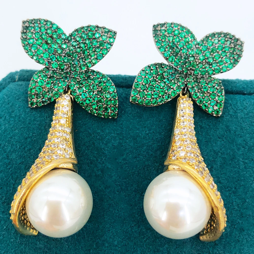 

Missvikki Lady Bridal Fine Jewelry Full CZ Accessories 2025 Earrings Original Green Flower Pearls Drop Earrings for Women