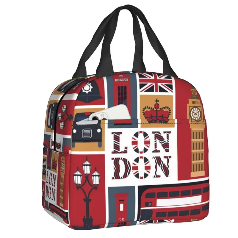 Vintage London Red Bus Telephone Booth Insulated Lunch Tote Bag for  British Style Portable Thermal Cooler Food Lunch Box Work