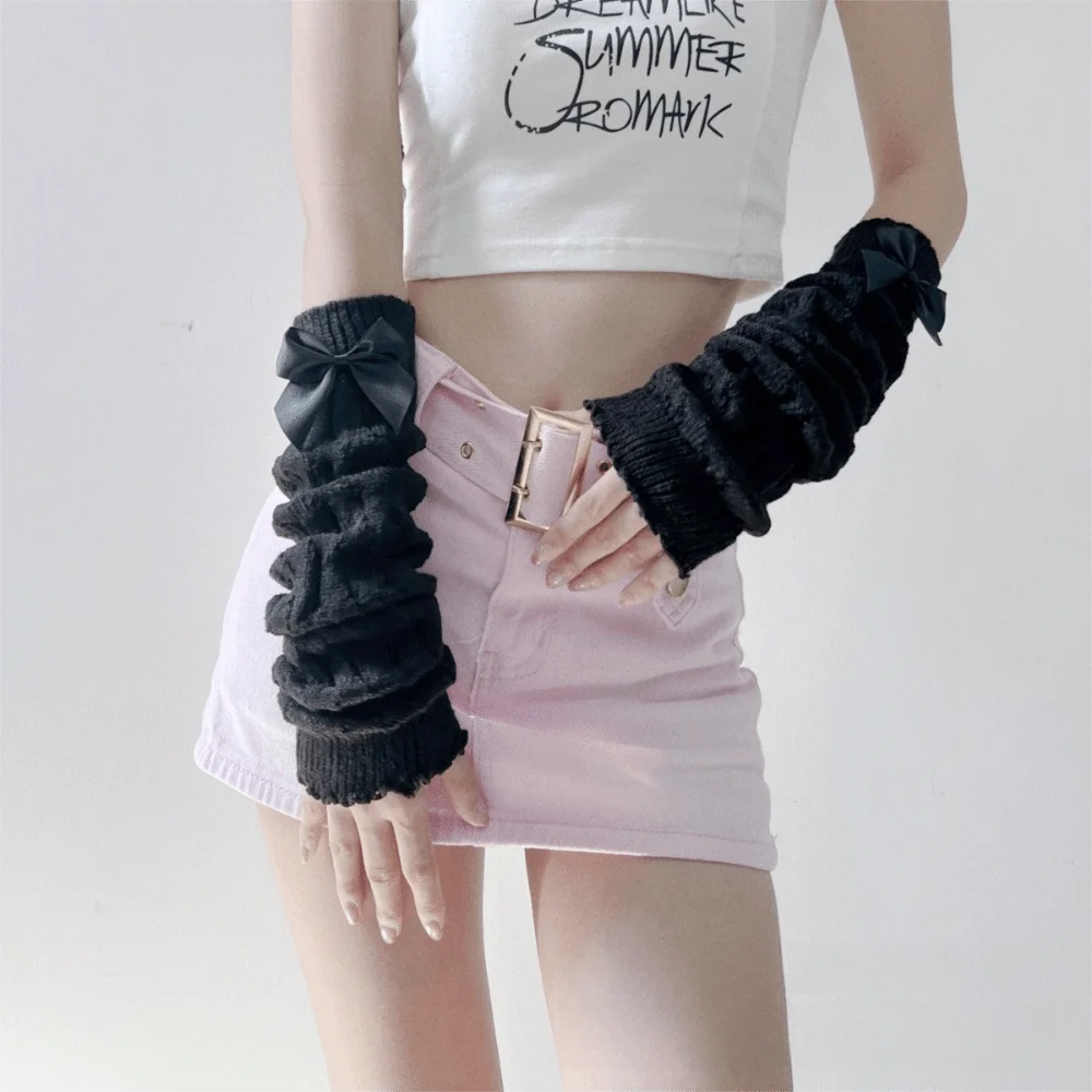 

Новые длинные теплые перчатки, вязаные морозостойкие теплые перчатки без пальцев с милым бантом, осень-зима