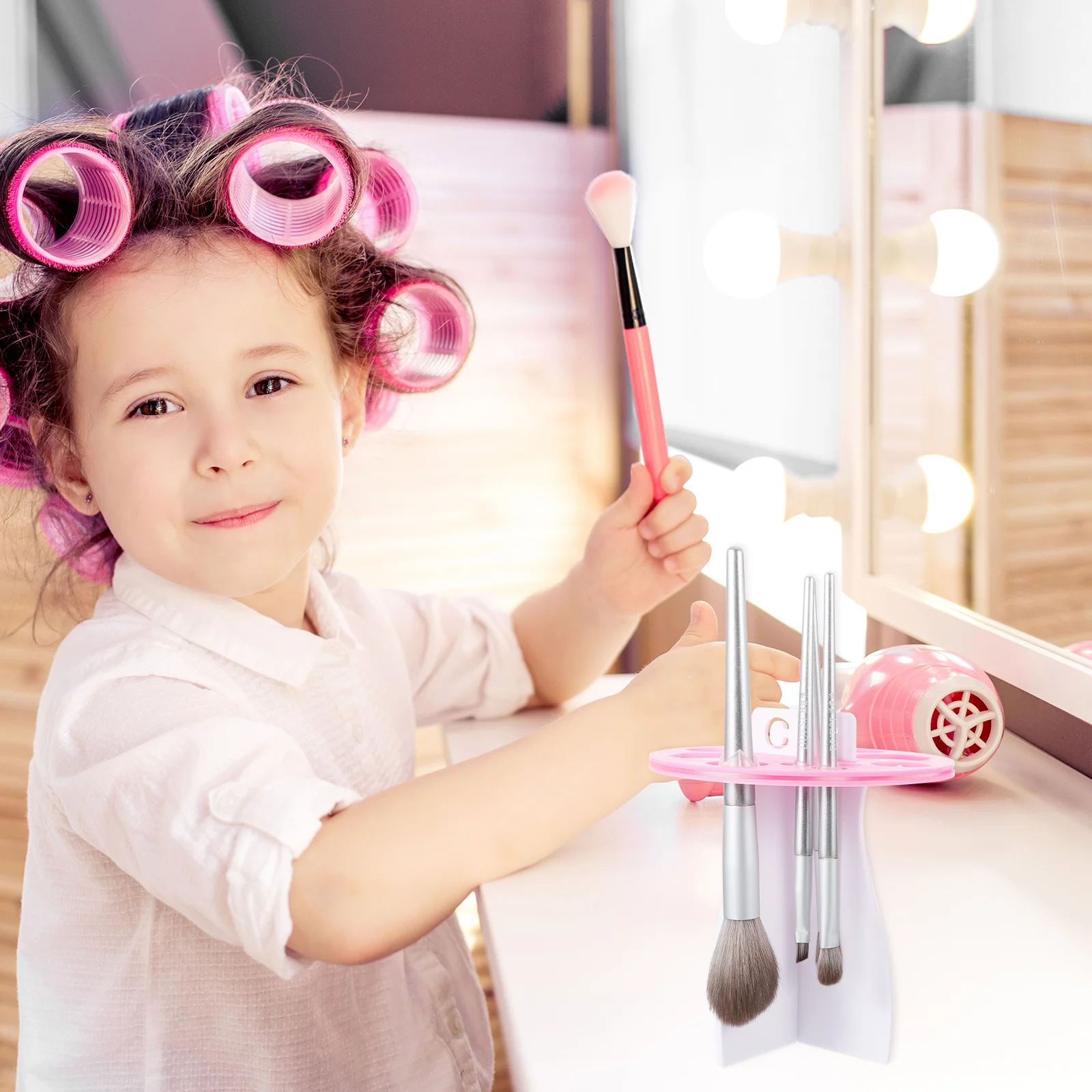 قطعة واحدة من رف تخزين المكياج، حامل فرشاة بسيط لتجفيف وتنظيم الفرش في المنزل أو الصالون، فرشاة إبداعية وردية