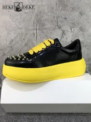 Punk Style Rivet Mens Footwear Casual Shoes Lace Up Thick Bottom Designer Shoes Round Toe Split Leather Men Platform Sneakers