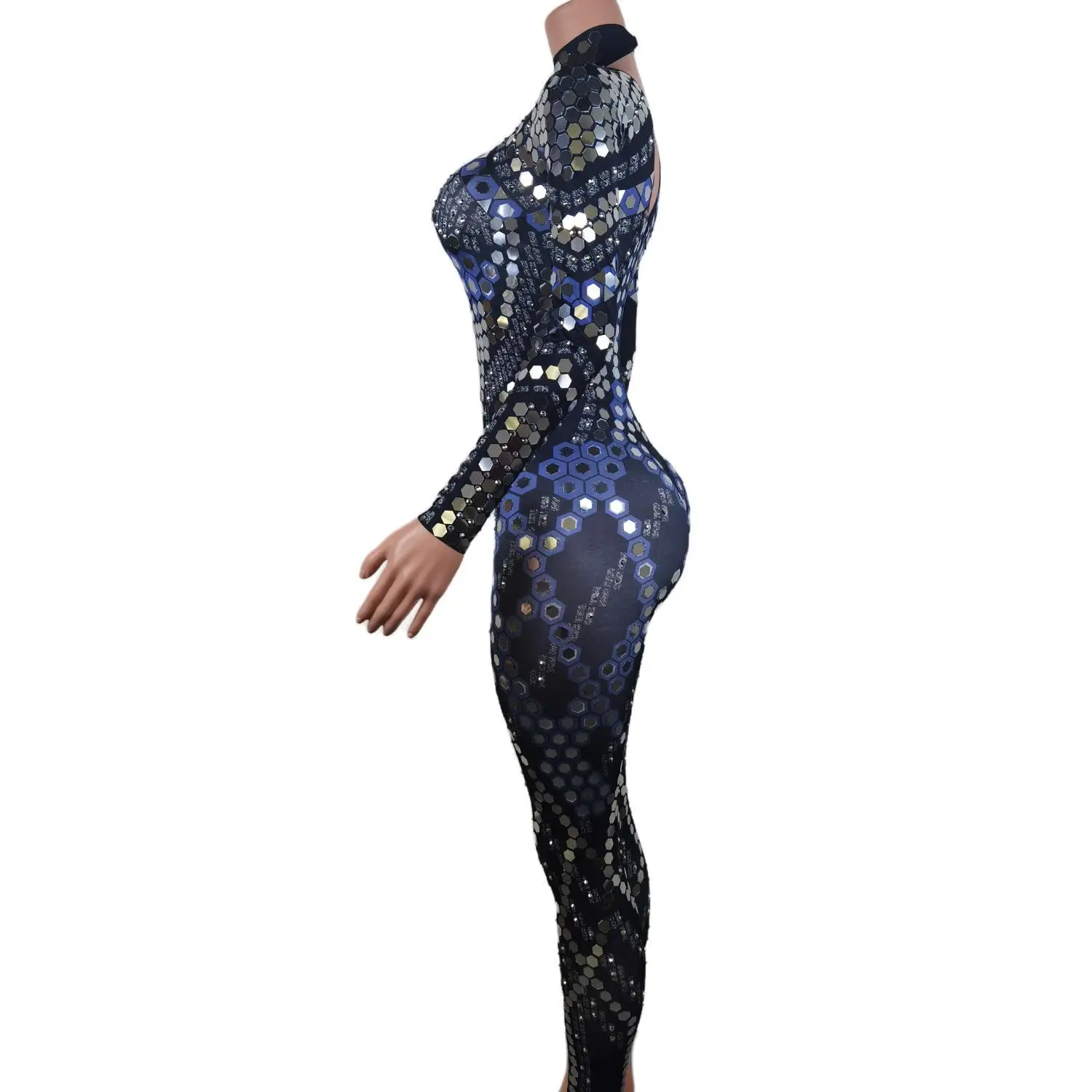 Fashion Long Sleeve Rhinestone Sequin Bodysuits Plus Size Spandex Dancer Leotard Bodycon Rompers Women Party One Piece Jumpsuits