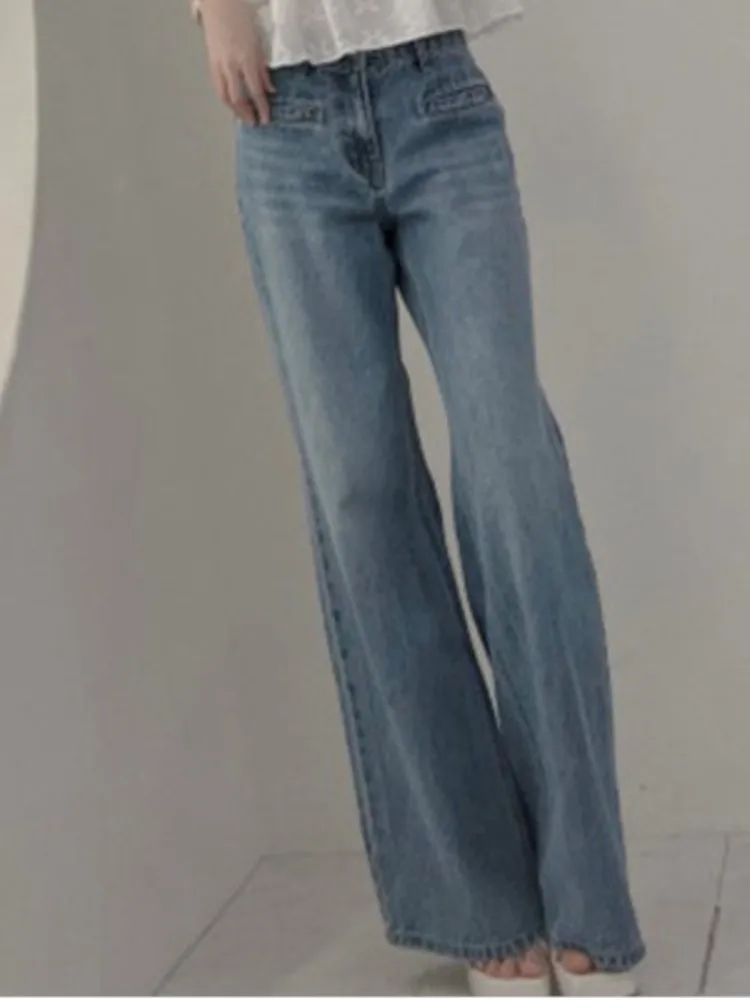 Jeans plissado de cintura alta feminino, calças largas femininas, calças longas soltas, estilo coreano, moda retrô, outono