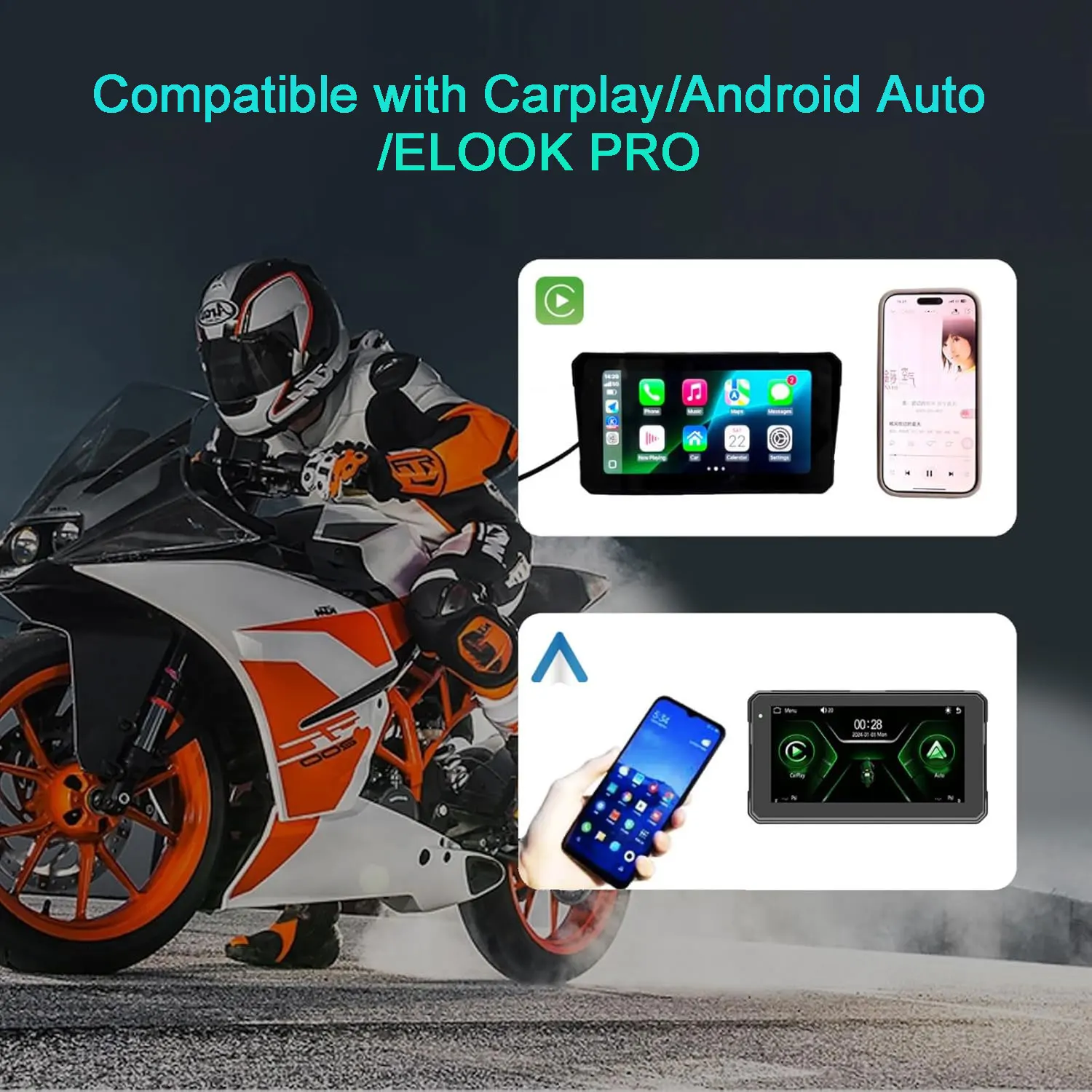 ポータブル6インチバイク用CarPlay Moto Android Autoタッチスクリーン薄型6インチバイク用ワイヤレスIP対応TPMS