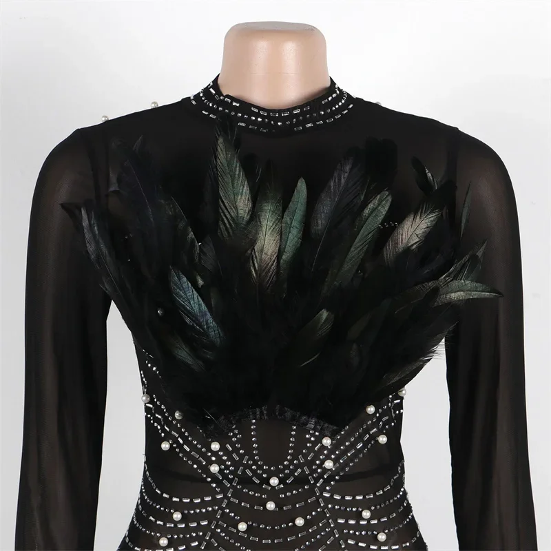 เซ็กซี่ Club Party Night Feathers Rhinestones ชุดวันเกิดสําหรับผู้หญิง Sheer ตาข่าย Patchwork ไข่มุกแขนยาวมินิเดรส