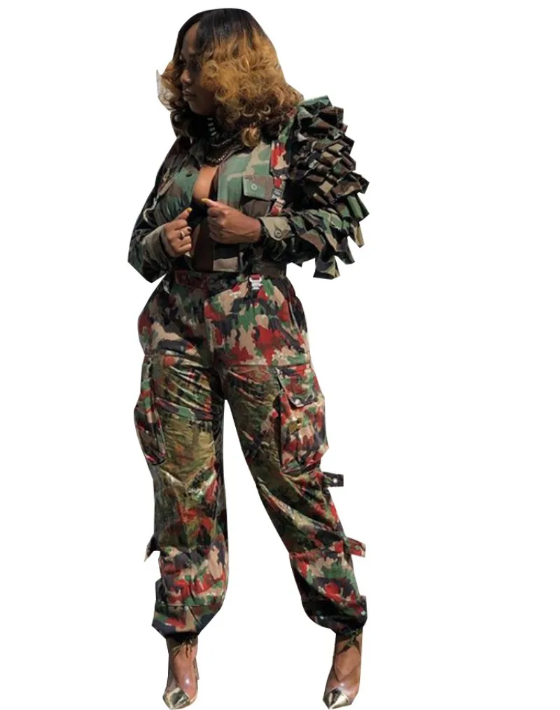 Cascading Ruffles Camouflage Print Crop Jackets Top Women Fashion Turn Down Collar Long Sleeve Single Breasted Casual Coats