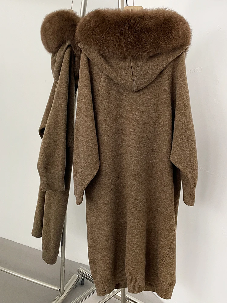 

2025 Women Thick Warm Real Fox Fur Knitting Jacket Fashion New Spring Autumn Clothes Female Hooded Long Knitted Cardigan Lady