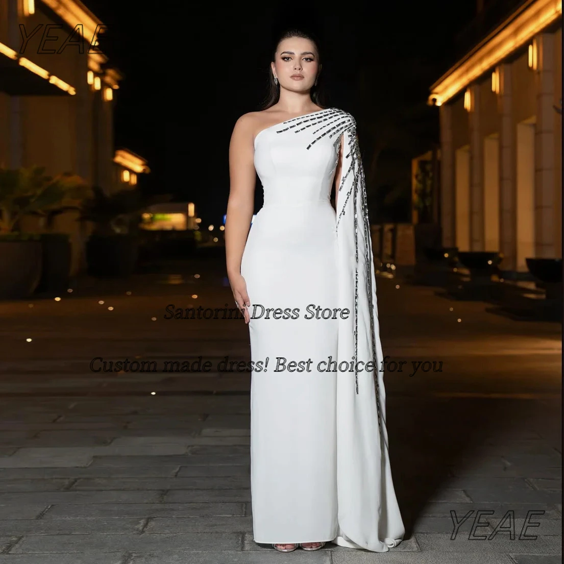 

Santorini Customized One Shoulder Evening Dresses Crystals Flutter Sleeves Formal Occasion Dress Zipper Back Slit Prom Gowns