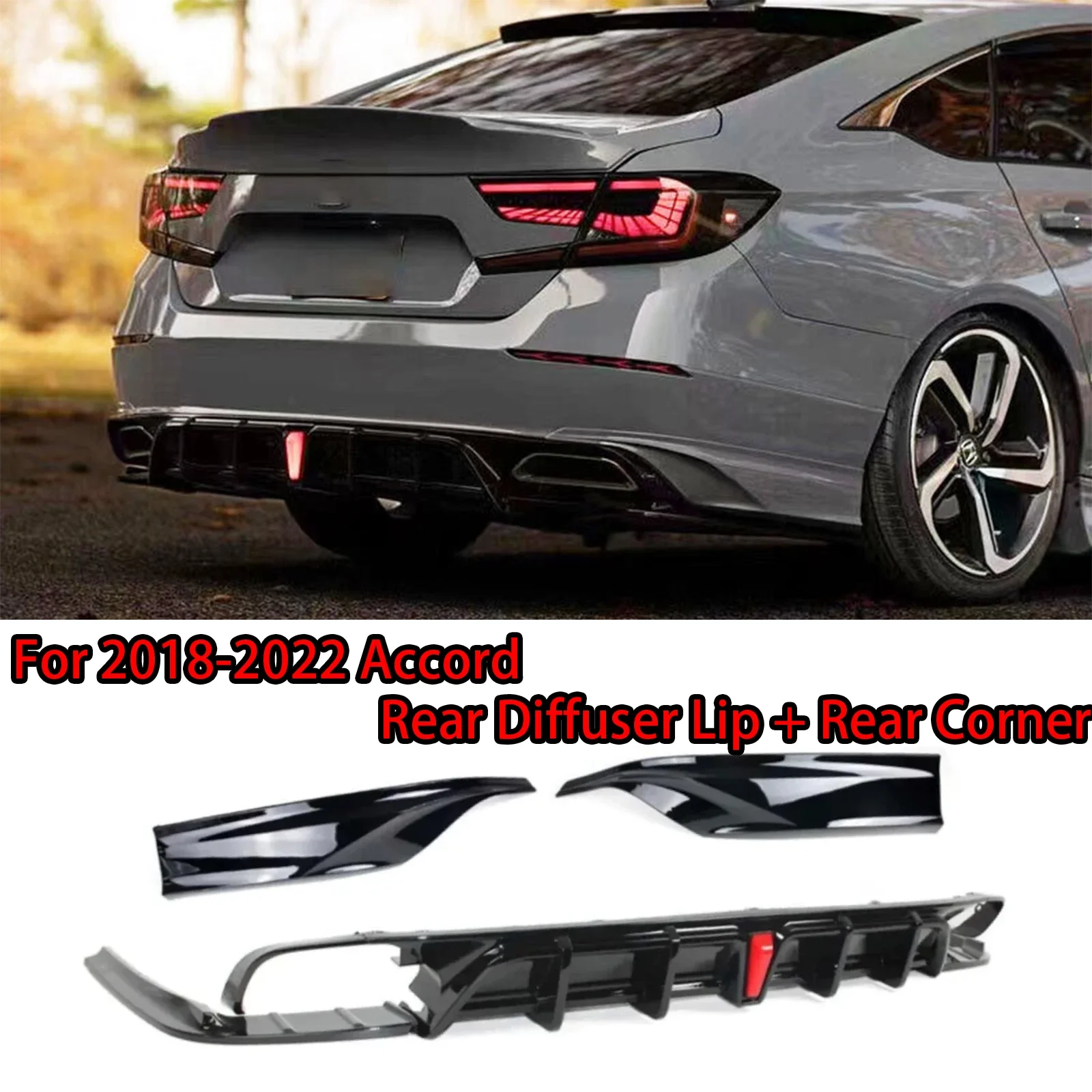 For 2018-2022 10th 10.5th Accord Yofer V2 Rear Bumper Diffuser Splitter Lip + Corner Apron Spats Glossy Black Carbon Fiber Look