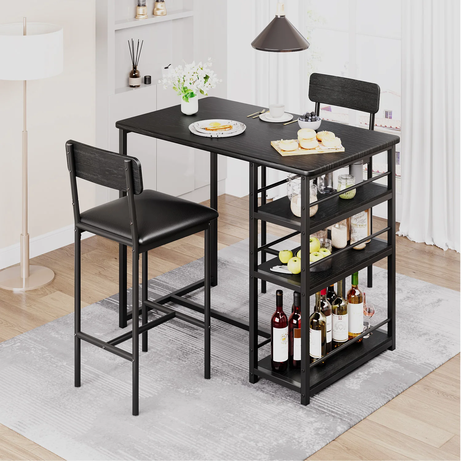 Platzsparendes Esstisch-Set in Thekenhöhe - 3-teiliger Pub-Küchentisch mit 3 Ablagefächern + 2 Polsterstühlen, für 2 Personen, Frühstücksecke für Apartments