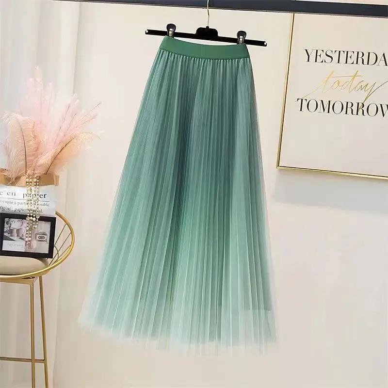 Gradient Pleated Mesh Skirt Women Elastic High Waist Casual A-Line Party Midi Long Skirt Korea Fashion Spring Summer