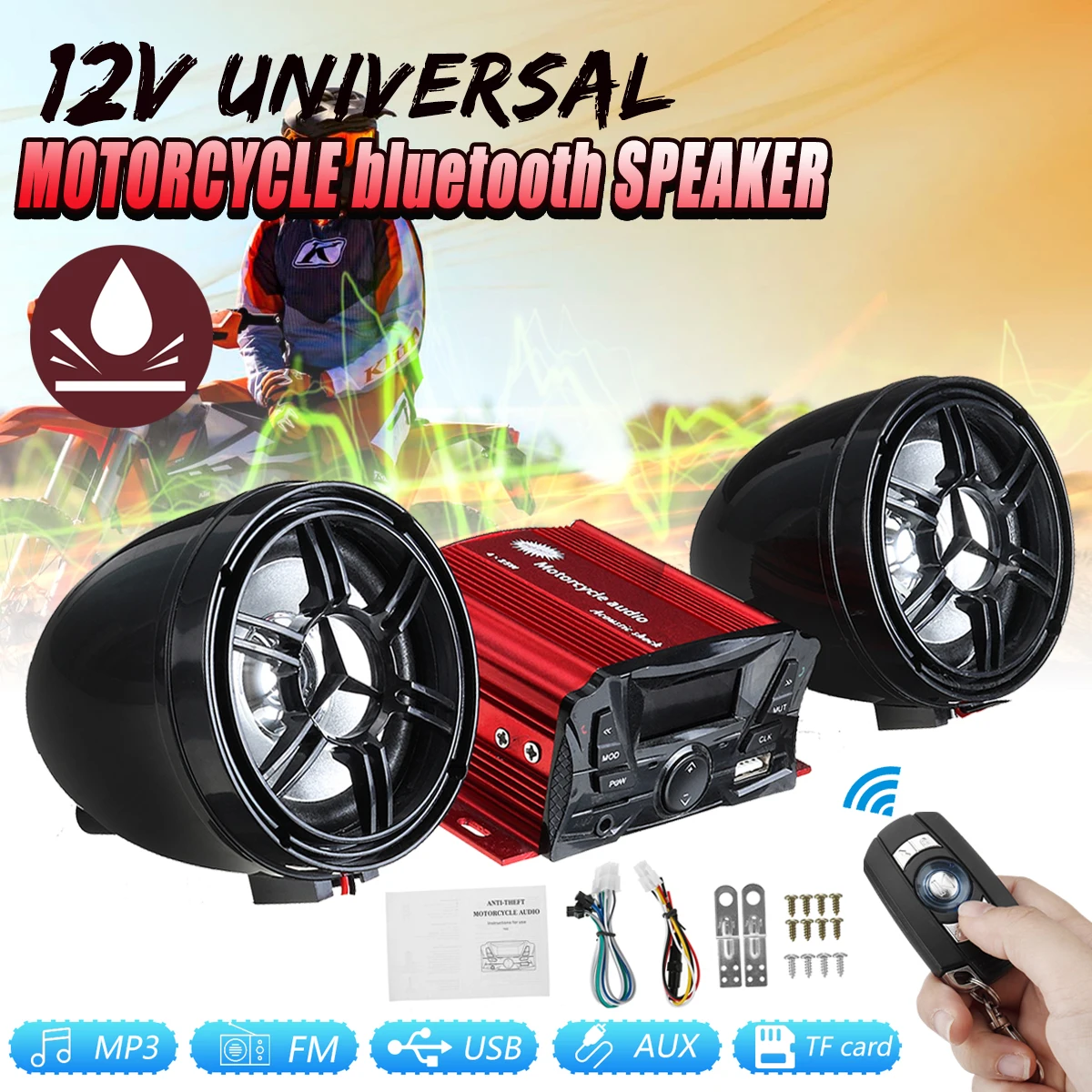 12V bluetooth Motorcycle Radio Audio Amplifier Speakers Sound System Support bluetooth USB AUX FM Radio Remote Control