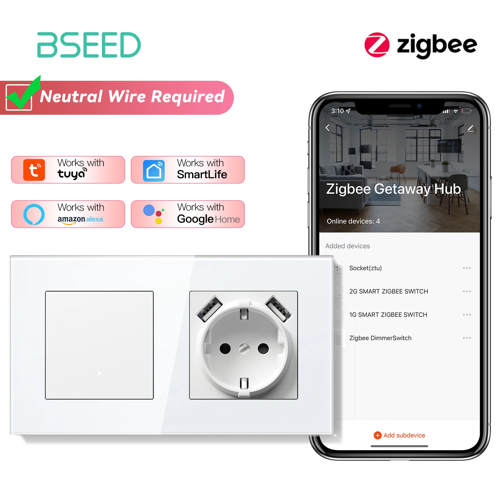 BSEED Zigbee Lichtschakelaar 1/2/3Gang 2Way Smart Click Knopschakelaar Glazen Paneel Witte LED Indicator Tuya Smart Leven Alexa Controle