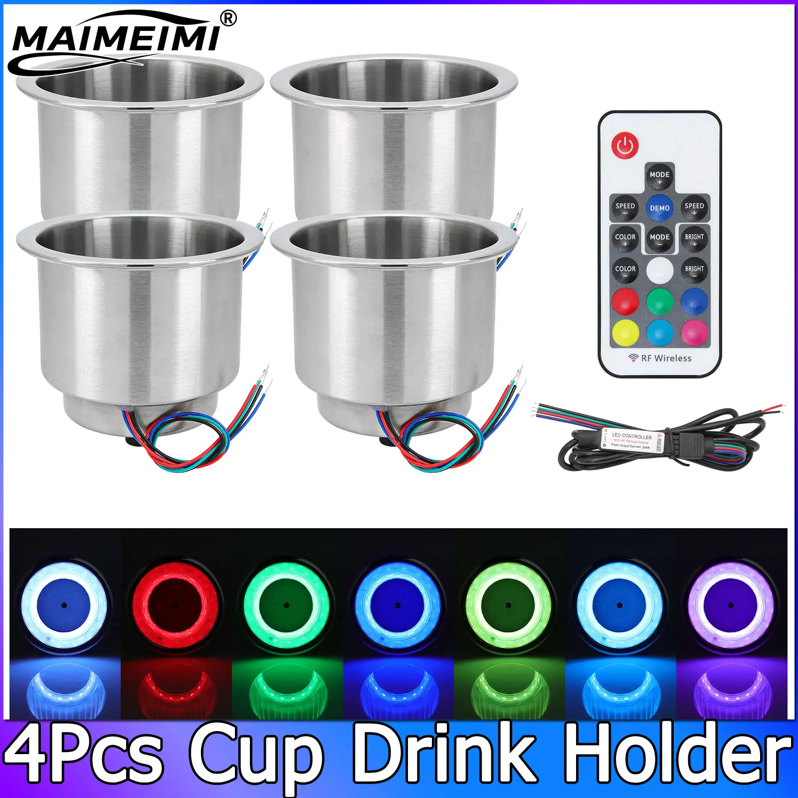 7 Colors with Remote Control 4Pcs Cup Drink Holder Boat Stainless Steel Recessed Cup Shape Drink Holder  Yacht RV Cup Holder