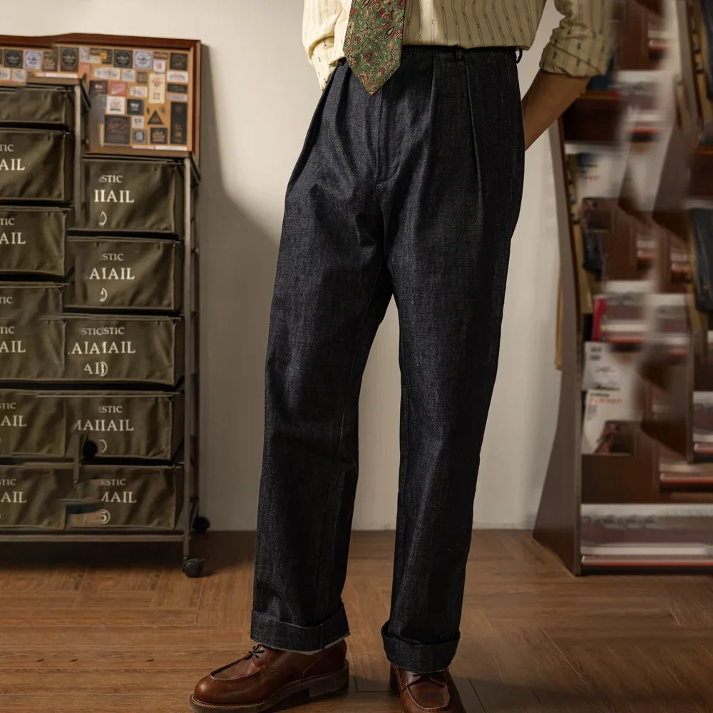 

Red Tornado Double Pleated Wide Leg Denim Trousers Vintage Style Pants for Men