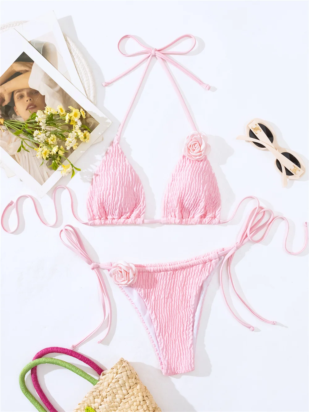 

Sexy Triangle Bikini Pleated Flowers Y2K Swimsuit Backless Bandage Swimwear Women Beach Outfit Bathing Swimming Suit Bikinis Set