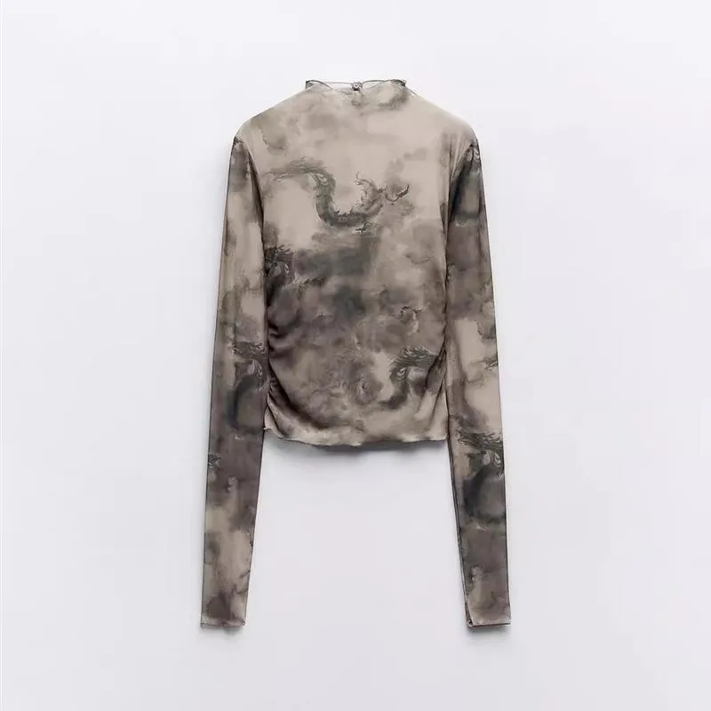 

Spring New plus Size Long Sve T-irt Transparent Printed Slim Fit Dragon Pattern Women's irt Casual Versatile Polyester