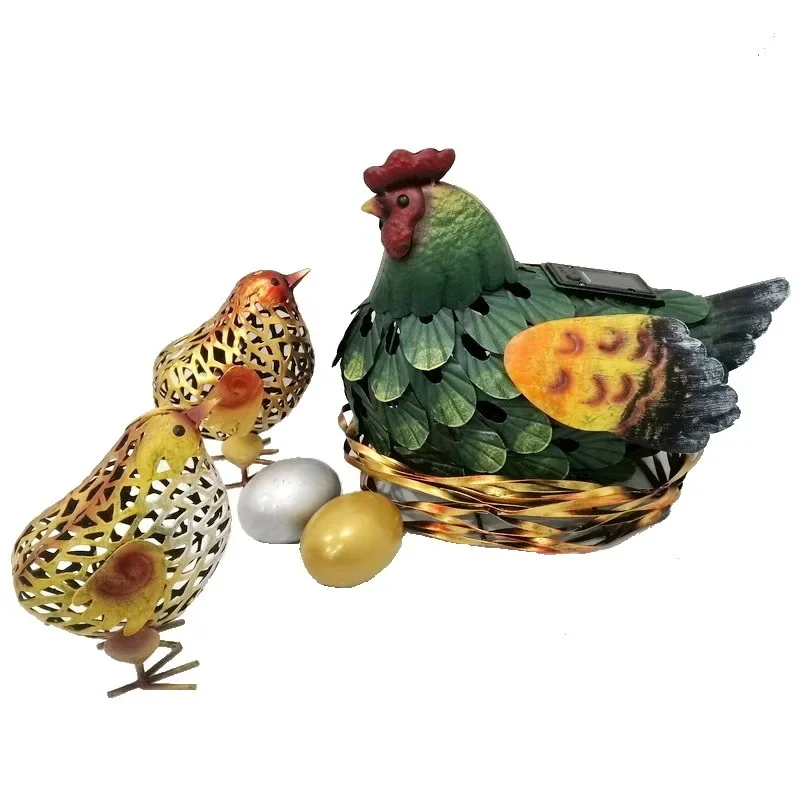 

Outdoor garden decoration, wrought iron animals, hen family, solar lights, ornaments