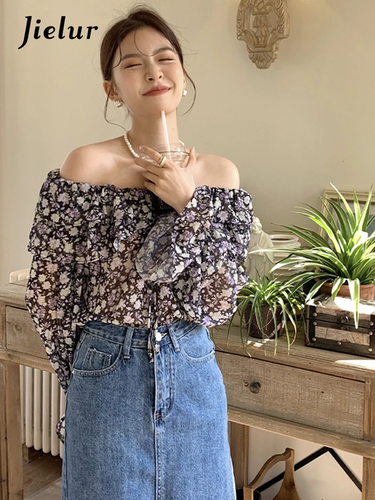 

Jielur Korean Style Slash Neck Chiffon Female Top Spring Elegant Ruffles Lantern Sleeve Print Fashion Women's Top Y2k Streetwear