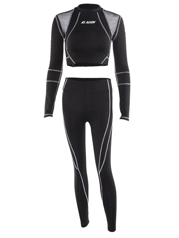 Weird Puss Women Tracksuit Letter Print 2Piece Set Fitness Full Sleeve Crop Top Elastic Leggings Activewear Casual Slim Outfits