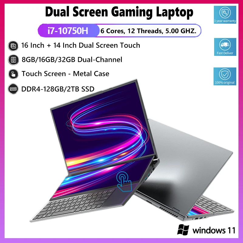 Computer portatile Dual Touch Screen da 16 + 14 pollici 32GB RAM + 2TB SSD Gaming Laptop Core i7 10750H processore Windows 11 supporto GPU esterno