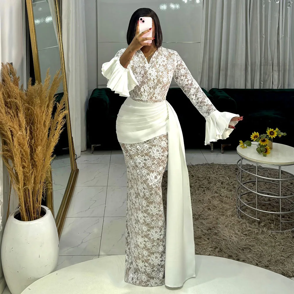 White Prom Dresses Mermaid 2025 For Black Girls Lace Saudi Arabic Evening Dress Long Sleeves Wedding Party Gowns Customized