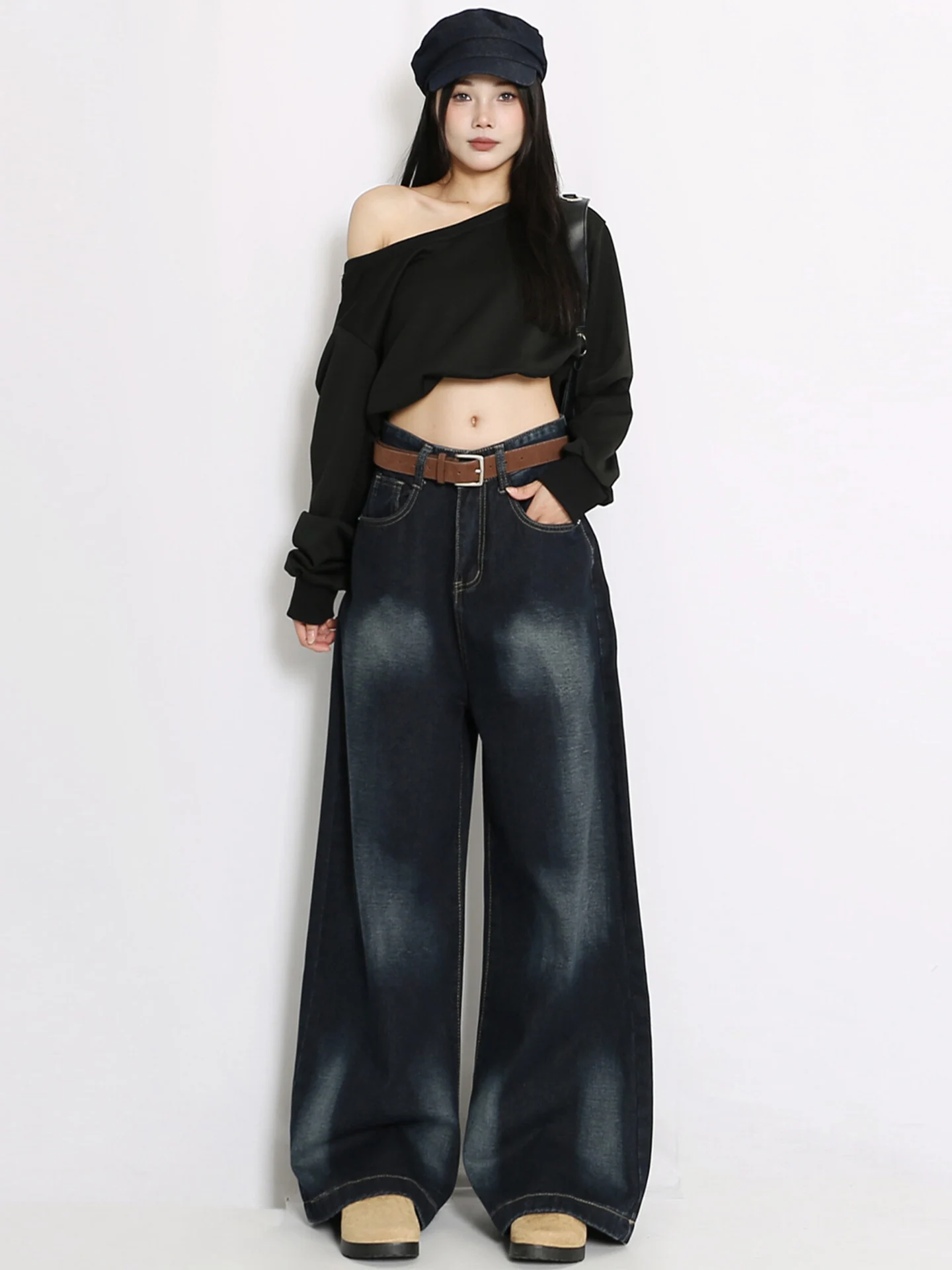 Jean en Denim pour femmes, ample, taille haute, jambes larges, bleu, rétro américain, Tube droit, longueur au sol, pantalon, nouvelle collection automne