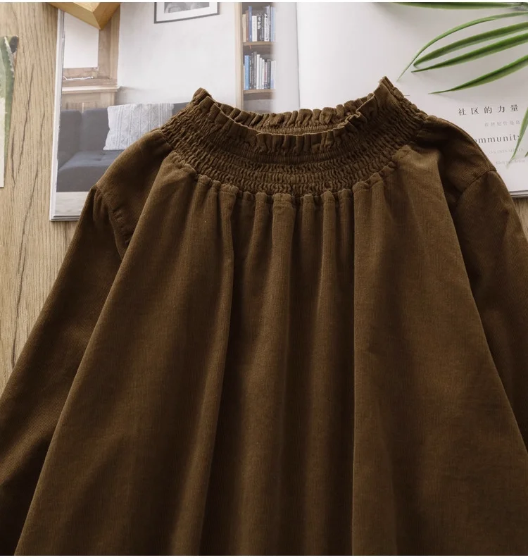 

Mori girl autumn clothes Japanese style stand collar coffee khaki corduroy shirts and blouses for women thick tops pullover