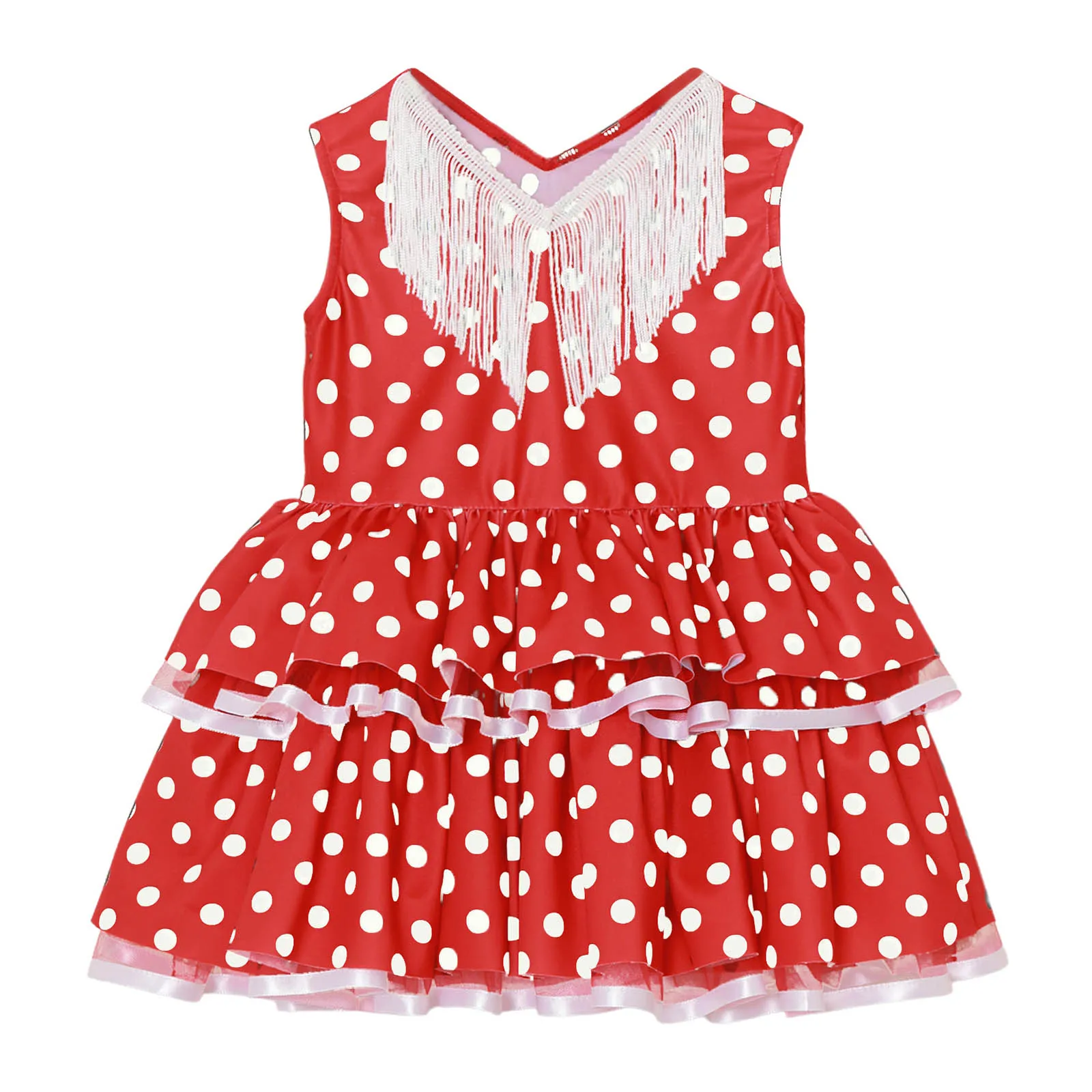 6M-5 Girls Flamenco Costume Spanish Polka Dot Cake Dress Cute V-neck Tassel Mesh Layered Spain Dance Party Performance Gown