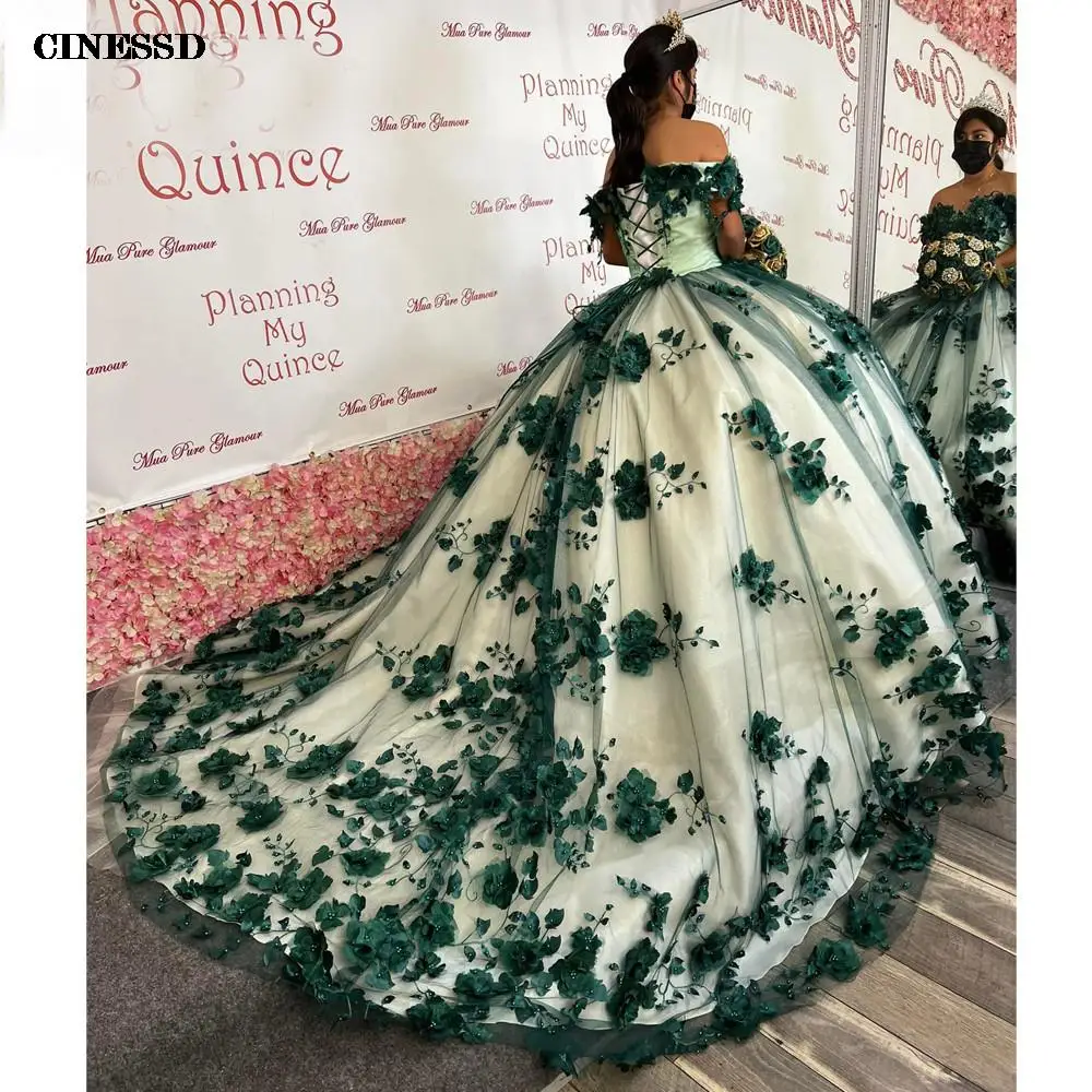 Gaun Quinceanera gaun Vestidos De XV a20os 2023 3D applique bunga manik-manik manis 16 gaun ulang tahun gadis Meksiko pakaian ulang tahun