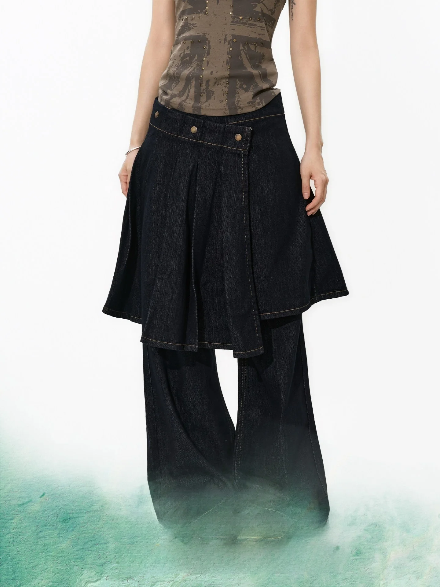 

S3T5 Denim Cuffed Skirt Pants Women's Loose Straight Leg Jeans Casual Wear Multi-Layered Skirt Pants Spring 2026 New Style