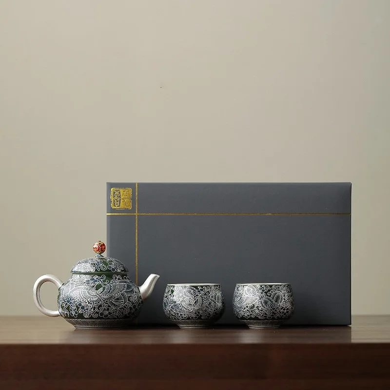 Chinese Palace Museum Cultural and Creative Cloisonn Butterfly Love Flower Kung Fu Tea Set One Pot and Two Cups Ceramic Tea Set