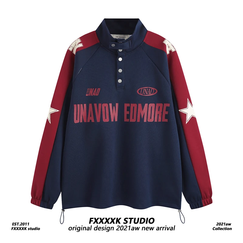 

FXK Original 2024 Autumn New Retro Merali Collar Hoodie ex Patchwork Color Blo American Trendy Brand INS Women's Faion