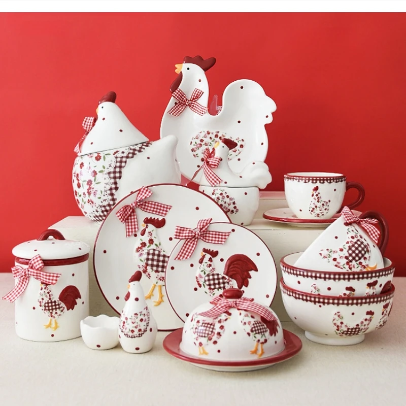 European pastoral style red floral chicken bowl plate cup set three-dimensional relief tableware Western dessert