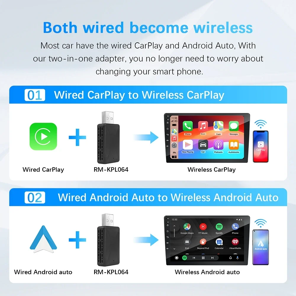 2 IN 1 minibox bedraad naar draadloze CarPlay en Android Auto 5GHz WiFi5 transmissiesnelheid Plug and Play Modieus en draagbaar