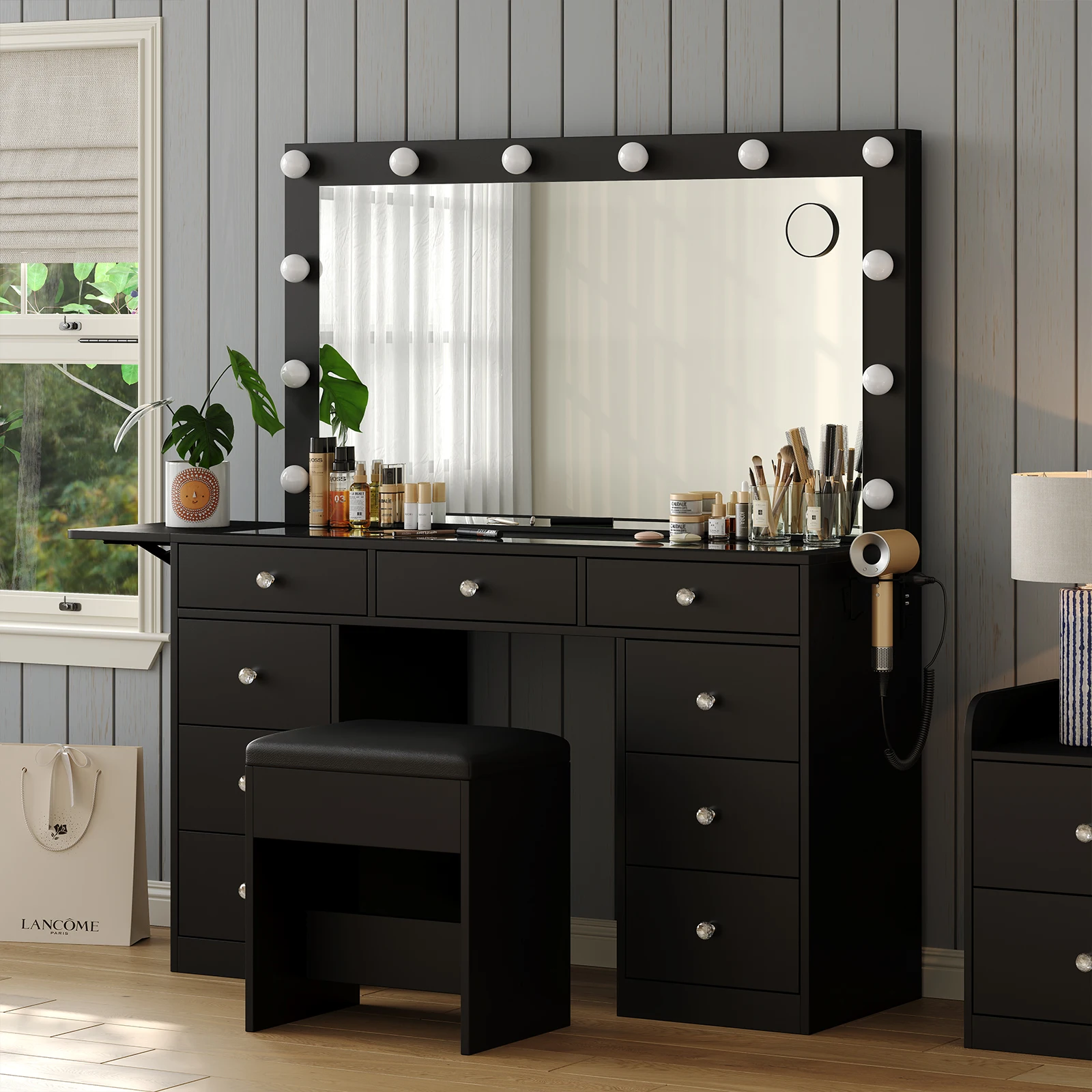 Makeup Vanity Table Set with Lighted LED Mirror, 3 Adjustable Brightness Settings, Multi-Compartment Drawers & Storage Shelves, Scratch-Proof Tempered Glass Desktop with USB Charging Station
