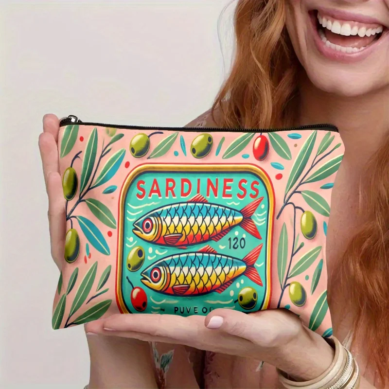 1pc Vintage Sardine Can Design Linen Cosmetic Bag, Durable Fade-Resistant Pouch with Zipper, Student Pencil Case