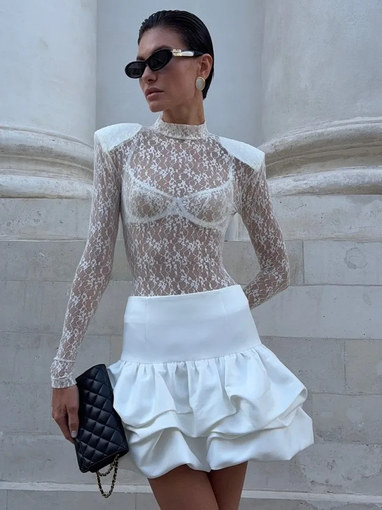 

Women's Clothing New See Through Lace Long Sleeves Jumpsuit Solid Color Sexy Bodycon Half-high Collar Temperament Party Trendy