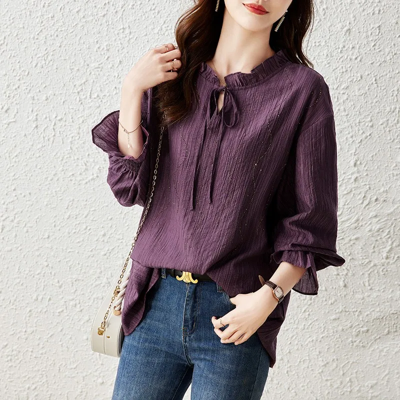 Women Long Sleeve Blouse Shirt New Arrival 2024 Spring Korean Style Flare Sleeve Basics Loose Ladies Elegant Tops Shirts B3246