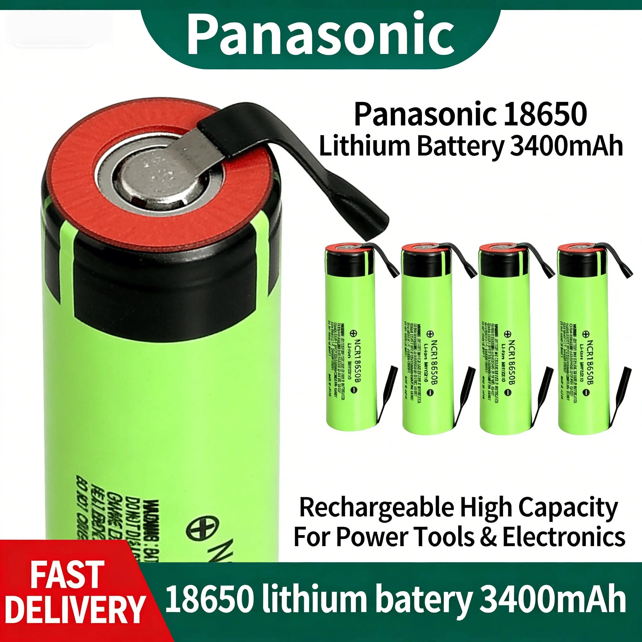 

Panasonic Original NCR18650B 18650 3400mAh 3.7V Li-ion Rechargeable Battery with DIY Nickel Tabs,for Flashlight Power Bank Solar