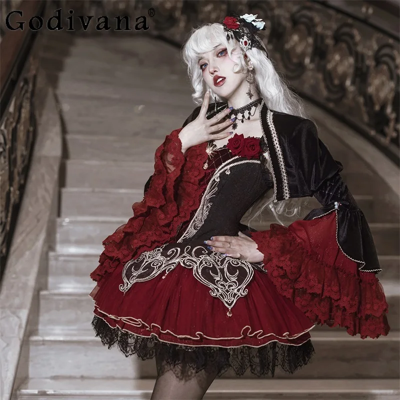 

Daily Gothic Style Lolita Dress Set Women's Spring Autumn Red Black Halloween Dress Female Christmas Role Playing Dress