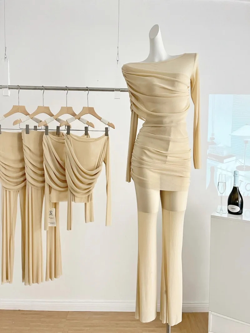 

French Sexy Suit Women's Spring Slash Neck Long-sleeved Pleated Slim Top High Waist Transparent Pants Fashion Two-piece Set