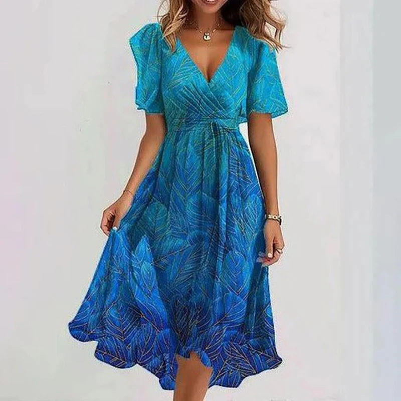 Spring Floral Print Chiffon Women Dresses Elegant V Neck Draped A-Line Party Dress Summer Short Sleeve High-waist Office Dresses