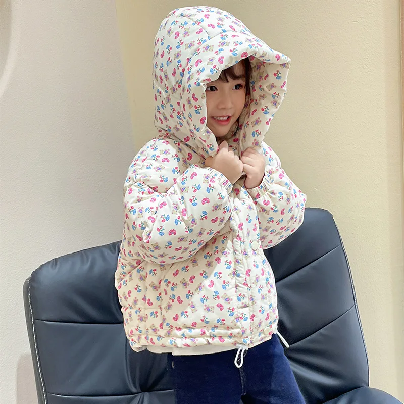 New Winter Girls Floral Hooded Jacket Baby Warm Thick Cotton Coat Soft Windproof Casual Wear Children Kids Sports Campus Outfit