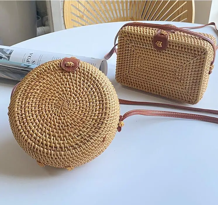 Bolso de paja de estilo bohemio para mujer, bolsa de mimbre, cuadrada y redonda, tejida a mano, novedad de verano