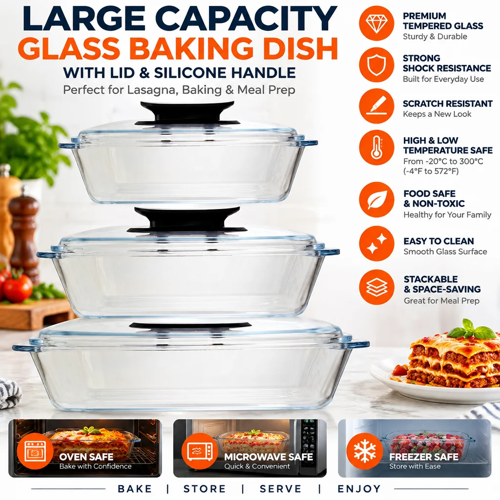 3size Large Deep Baking Dish with Glass Lid & Silicone Handle Deep Casserole Dish for Lasagna Roasting & Meal Prep, Oven/Freezer